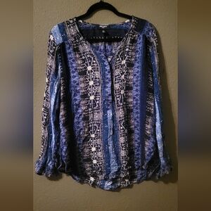 Nine West Womens Boho Lucy Tunic Top Blouse XXL Roll Tab Sleeve Half Button Blue